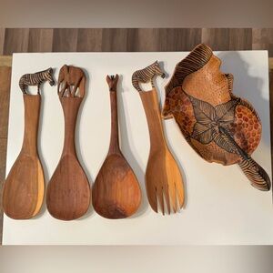 🦓 Hand-Crafted Kenyan Safari Woodenware Collection Salad Servers Decorative Bowl